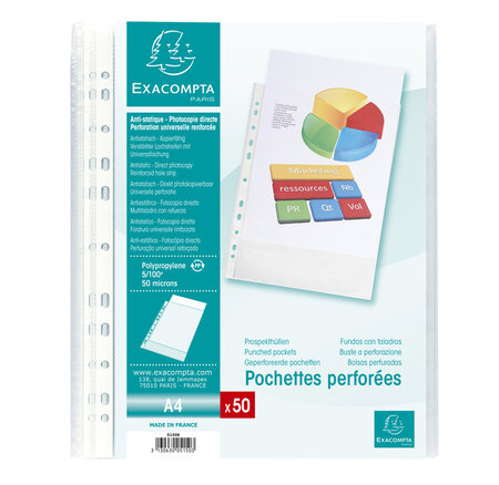Sachet De 50 Pochettes Perforées Polypropylène Grainé 5/100e - A4 - X 20 - Exacompta