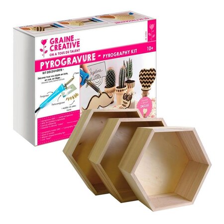 Coffret pyrogravure + 3 étagères hexagonales bois 24-30 cm
