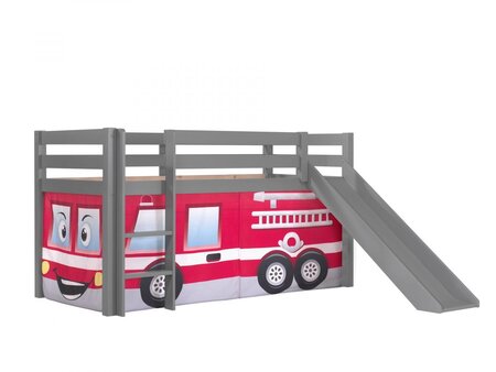 Lit Enfant Surélevé Avec Toboggan Pino 90x200cm Gris + Rideau de lit Pompiers