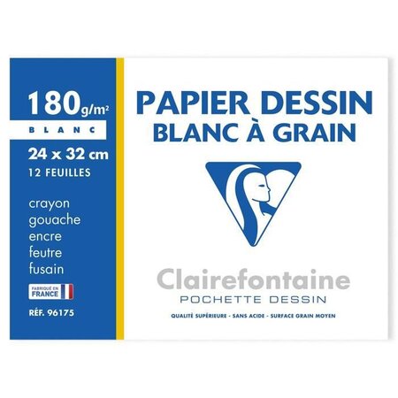 CLAIREFONTAINE - Pochettes dessin Papier a grain P.E.F.C Blanc - 24 x 32 - 12 feuilles - 180 G