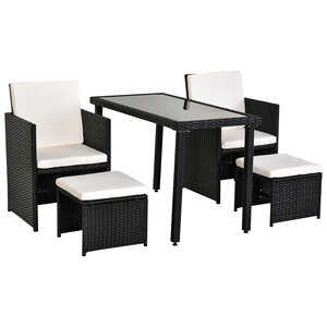 Outsunny Ensemble salon de jardin encastrable 2 fauteuils monoblocs + 2 tabourets + table basse résine tressée 4 fils coussins déhoussables crème noir