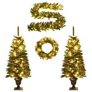 vidaXL Arbres de Noël artificiels 2 Pièces et couronne guirlande et LED