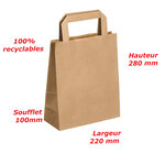 Lot de 500 sacs cabas en papier kraft brun marron havane avec poignée plate 220 x 100 x 280 mm 6 litres résistant papier 80g/m² non imprimé