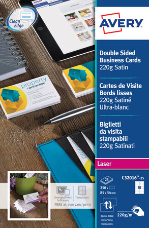 Carte de visite laser avery quick and clean format 85 x 54 mm blanche - 220 gr - pochette de 250