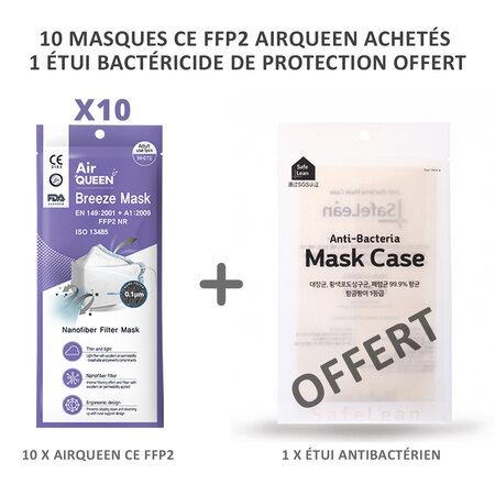 10 MASQUES CE FFP2 AIRQUEEN + 1 ÉTUI BACTÉRICIDE ANTIBACTÉRIEN