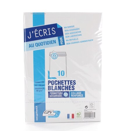 10 enveloppes blanches - 162x229 mm - 90g - gpv 6288