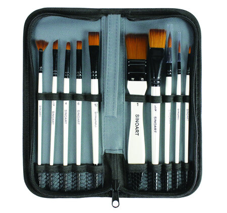 Pinceau synthétique qualité premium 10 pièces + housse de rangement