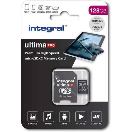 INTEGRAL MEMORY Premium High Speed V30 UHS-I U3 Micro SDXC 128GB 100MB/s en lecture et 90MB/s en écriture 4K