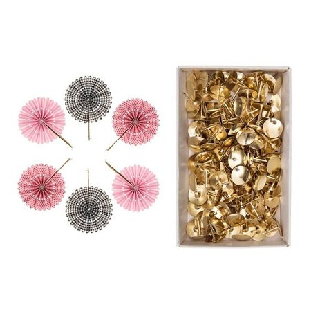 6 éventails en papier rose et noir + 150 punaises dorées