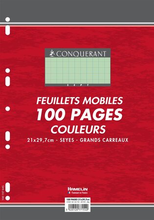 Feuillets mobiles 21x29,7 cm 100 pages grands carreaux verts 80g CONQUÉRANT SEPT