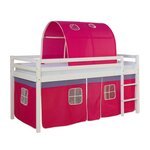 Lit Simple Blanc 90x200 en hauteur avec echelle rideau et tunnel rouge