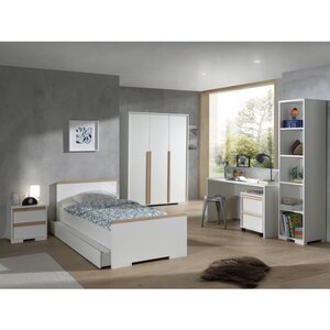 LONDON Blanc Lit + Chevet + Armoire + Bureau + Caisson de bureau + Bibliothèque + Lit gigogne
