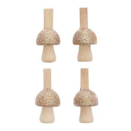 4 pinces champignons en bois pailletées dorées