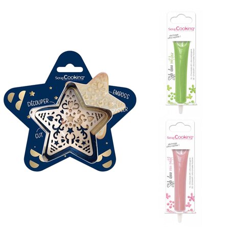 Kit pour biscuit en relief Étoile + 2 Stylos au chocolat vert clair et rose pastel