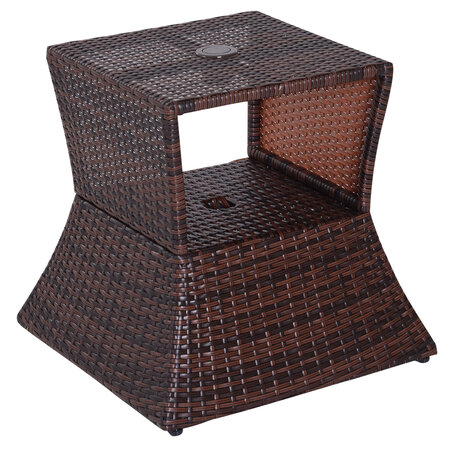 Pied de parasol table basse 2 en 1 étagère inférieure intégrée résine tressée imitation rotin PE dim. 54L x 54l x 55H cm marron