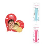 Kit pour biscuit en relief Coeur + 2 Stylos au chocolat bleu pastel et fuchsia