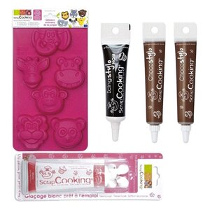 Coffret Gâteau Animaux de la jungle - Glaçage blanc stylo noir + 2 stylos chocolat