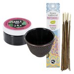 Porte-encens coupelle en fonte noire + sable noir + Encens indien au Patchouli