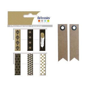 6 pinces à linge Epoxy doré-noir-blanc + 20 étiquettes kraft Fanion