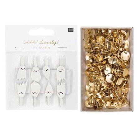 8 pinces clip fantôme en bois + 150 punaises dorées