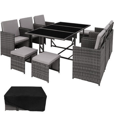Tectake Salon de jardin MALAGA 10 places avec housse de protection - gris
