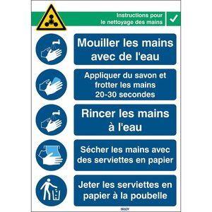 Signe de sécurité adhésif Instructions de lavage des mains Rectangle 371 x 262 mm BRADY