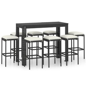 vidaXL Ensemble de bar de jardin 9 Pièces et coussins Résine tressée Noir