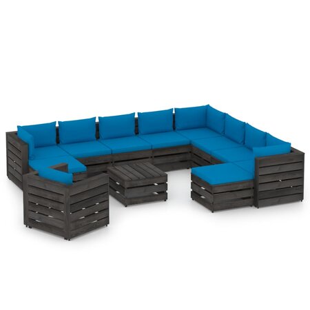 vidaXL Salon de jardin 12 Pièces avec coussins Bois imprégné de gris