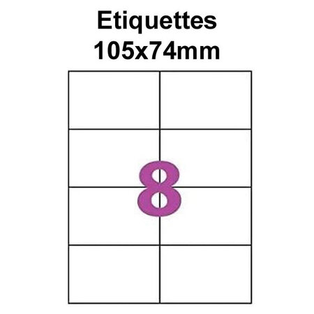 Étiquettes adhésives  105x74mm  (8étiquettes/feuille) - blanc - 50 feuilles -t3azur