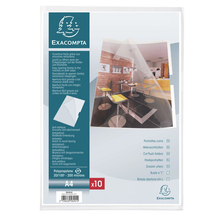 Sachet De 10 Pochettes Coin Avec Encoches Polypropylène Lisse Rigide Haute Qualité 20/100e - A4 - X 10 - Exacompta