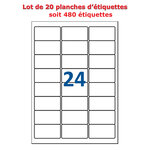 Lot de 20 planches étiquettes autocollantes pour timbres sur feuille a4 : 63,5 x 33,9 mm (24 étiquettes par feuille; spéciales timbre)