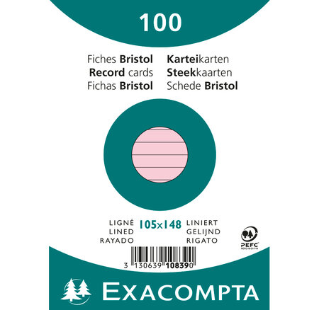 Paquet de 100 Fiches Bristol A6 rose ligné. s/s film EXACOMPTA