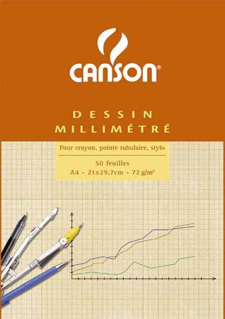 Bloc de papier millimétré orange A4 80 g 50 feuilles CANSON