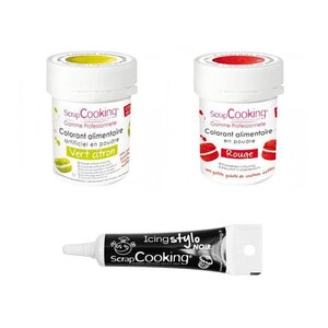 2 colorants alimentaires vert citron-rouge + Stylo glaçage noir