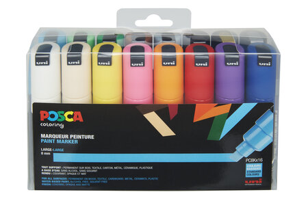 Marqueur Posca PC8K Pointe large biseautée Basic 16 pièces