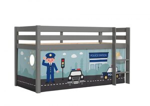 Lit Enfant Surélevé Pino 90x200cm Gris + Rideau en 4 parties Policier