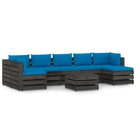 vidaXL Salon de jardin 8 Pièces avec coussins Bois imprégné de gris