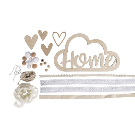 Kit: pendentif bois av.rubans "home"  crème  pendentif bois:22x12 5cm  1 kit