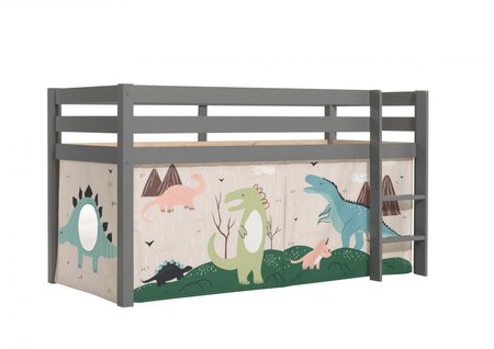 Lit Enfant Surélevé Pino 90x200cm Gris + Rideau en 4 parties Dinos