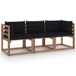 vidaXL Canapé palette de jardin 3 places et coussins noir Pinède