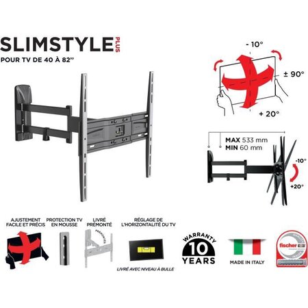 MELICONI 480982 Support mural TV inclinable et orientable SP 400 SDR PLUS  grand angle pour TV de 40'' a 82''