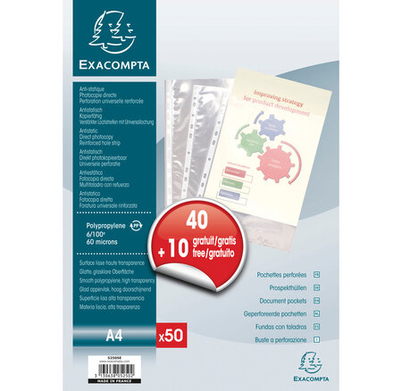 Lot promo - sachet de 40 + 10 pochettes perforées en polypropylène lisse - a4 exacompta