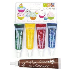 4 colorants alimentaires liquides bleu rouge jaune vert + 1 Stylo chocolat