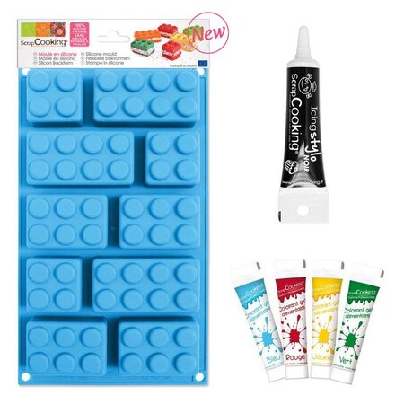 Moule silicone briques + 4 colorants alimentaires + Stylo glaçage noir