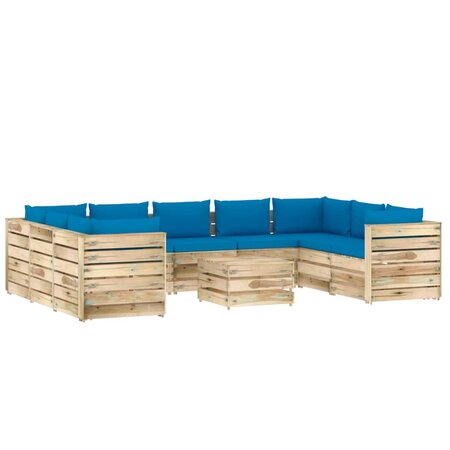 vidaXL Salon de jardin 10 Pièces avec coussins Bois imprégné de vert