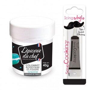 Colorant alimentaire en poudre turquoise 40 g + Stylo glaçage noir