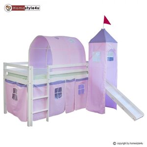 Lit Simple Blanc 90x200 en hauteur avec echelle Rideau Tour Tunnel Rose et toboggan