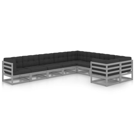 vidaXL Salon de jardin 9 Pièces avec coussins Gris Bois de pin massif
