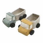 2 camions de rangement enfant - bleu et jaune - 8 x 14 x 21 cm et 8 x 14 x 24 cm