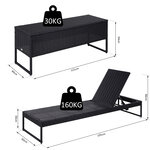 Lot de 2 transats bains de soleil design - grand confort - matelas déhoussable crème  inclinaison réglable multi-positions - table basse - résine tressée 4 fils noir